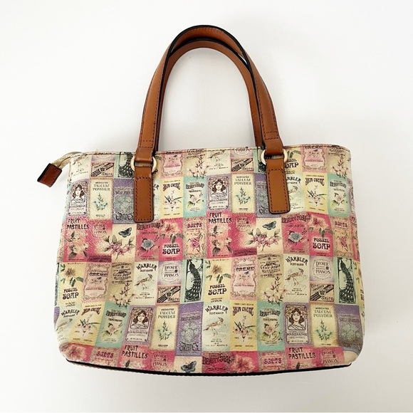 Vintage Fossil Small Leather Tote Soap Labels Print Double Strap Zip Pockets - Picture 4 of 14